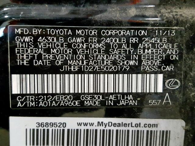 JTHBF1D27E5020179 - 2014 LEXUS IS 250 BLACK photo 10