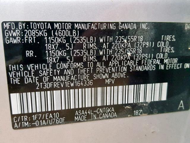 2T3DFREV1EW164336 - 2014 TOYOTA RAV4 LIMIT SILVER photo 10