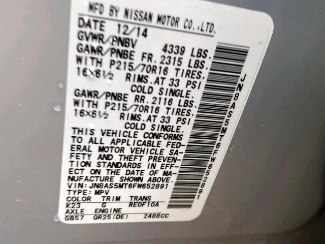 JN8AS5MT6FW652891 - 2015 NISSAN ROGUE SELE SILVER photo 10