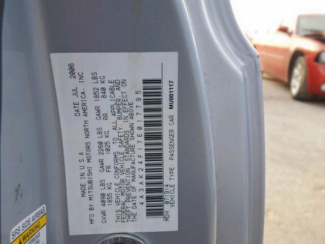 4A3AK24F17E017795 - 2007 MITSUBISHI ECLIPSE GS SILVER photo 10