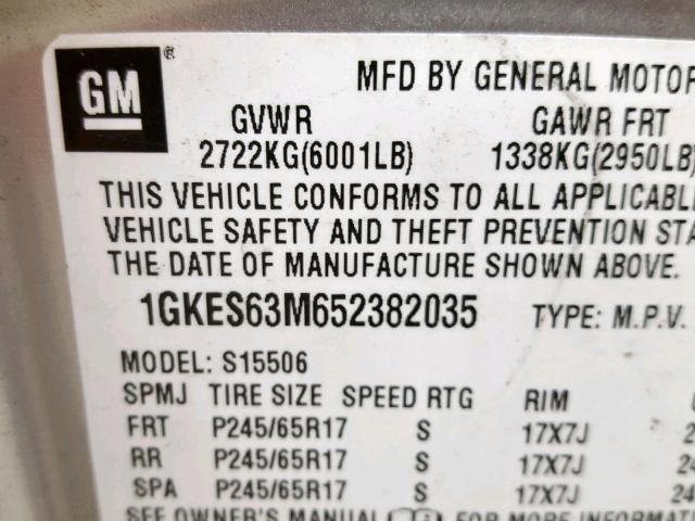 1GKES63M652382035 - 2005 GMC ENVOY DENA SILVER photo 10