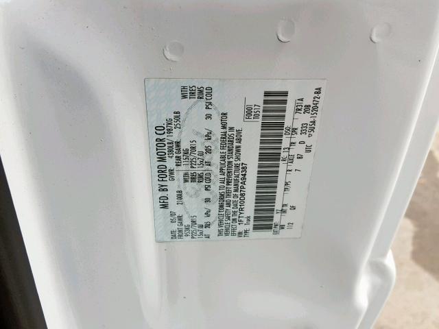 1FTYR10D87PA94387 - 2007 FORD RANGER WHITE photo 10