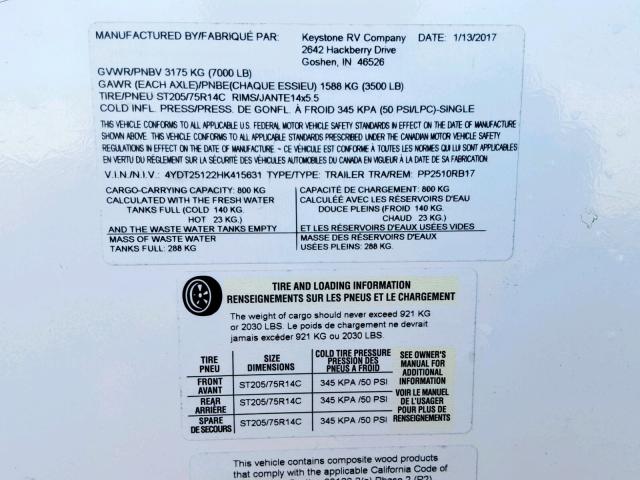 4YDT25122HK415631 - 2017 KEYSTONE PASSPORT 棕色 照片 10