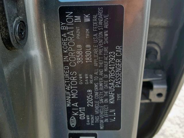 KNAFU5A27B5417923 - 2011 KIA FORTE EX SILVER photo 10