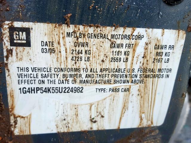 1G4HP54K55U224982 - 2005 BUICK LESABRE CU GRAY photo 10