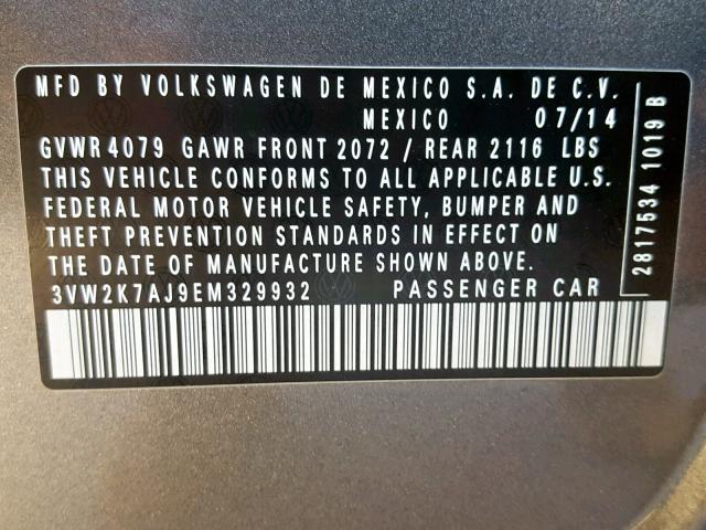 3VW2K7AJ9EM329932 - 2014 VOLKSWAGEN JETTA BASE GRAY photo 10