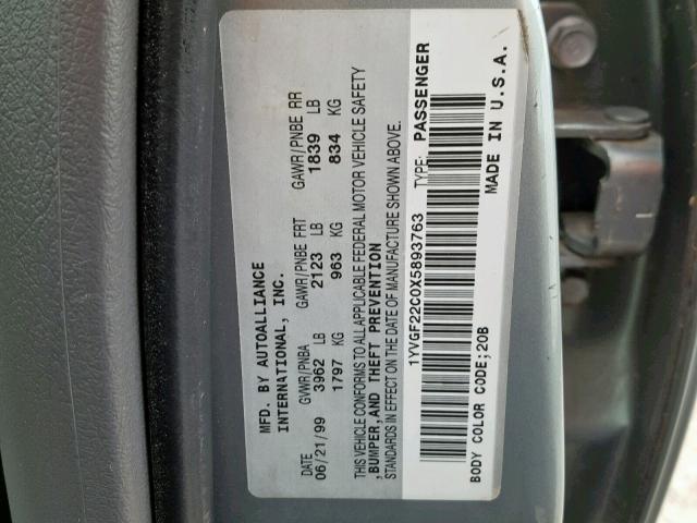 1YVGF22C0X5893763 - 1999 MAZDA 626 ES GRAY photo 10