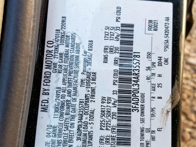 3FADP0L34AR355781 - 2010 FORD FUSION HYB BLACK photo 10