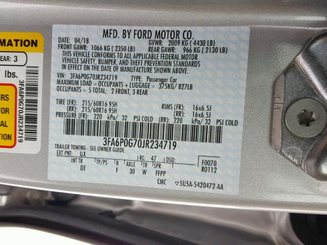 3FA6P0G70JR234719 - 2018 FORD FUSION S SILVER photo 10