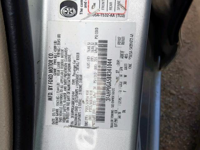 3FAHP0GA5BR341044 - 2011 FORD FUSION S SILVER photo 10