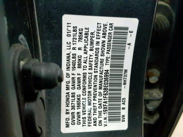 19XFA1F63BE036994 - 2011 HONDA CIVIC LX-S Boz foto 10