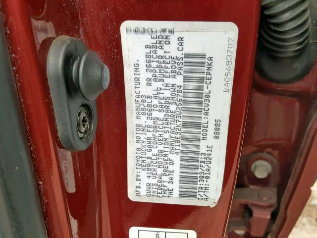 4T1BE32K73U256784 - 2003 TOYOTA CAMRY RED photo 10
