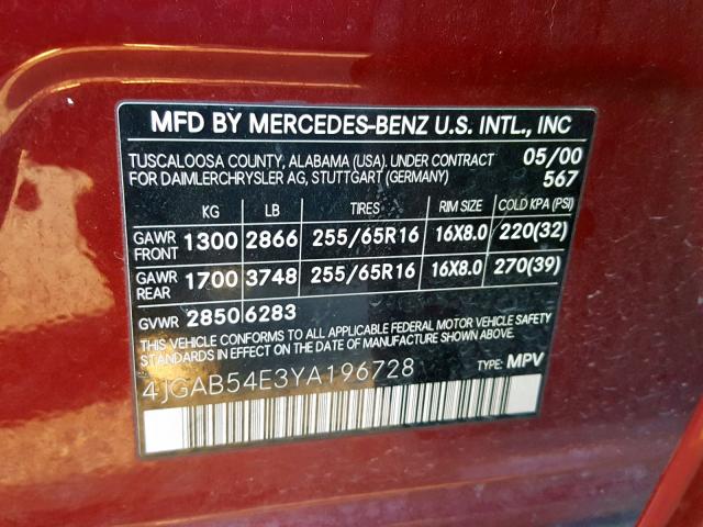 4JGAB54E3YA196728 - 2000 MERCEDES-BENZ ML 320 MAROON photo 10