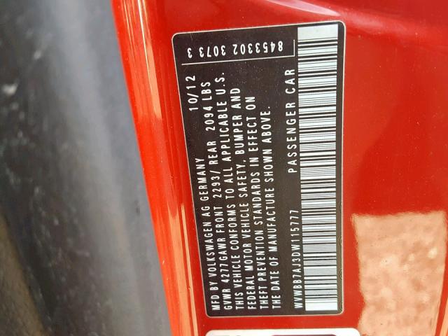 WVWBB7AJ3DW115777 - 2013 VOLKSWAGEN GOLF 红色 照片 10