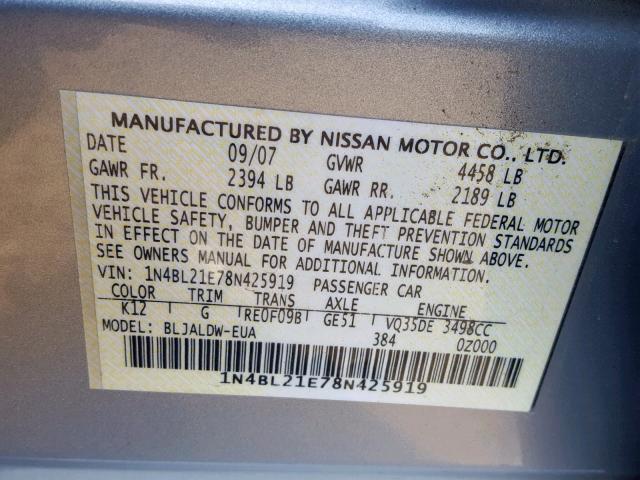 1N4BL21E78N425919 - 2008 NISSAN ALTIMA 3.5 SILVER photo 10