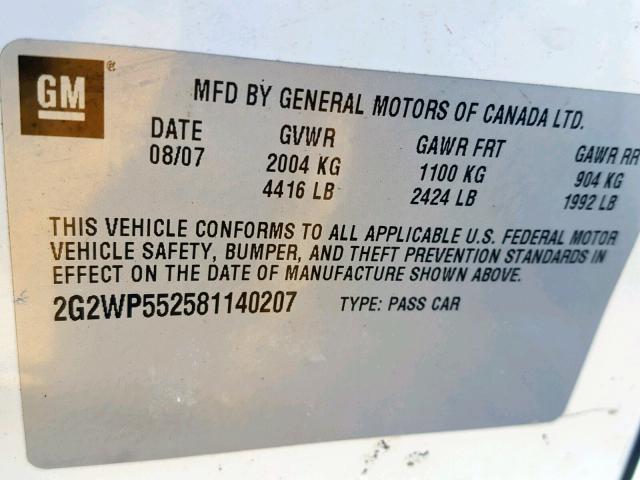 2G2WP552581140207 - 2008 PONTIAC GRAND PRIX თეთრი ფოტო 10