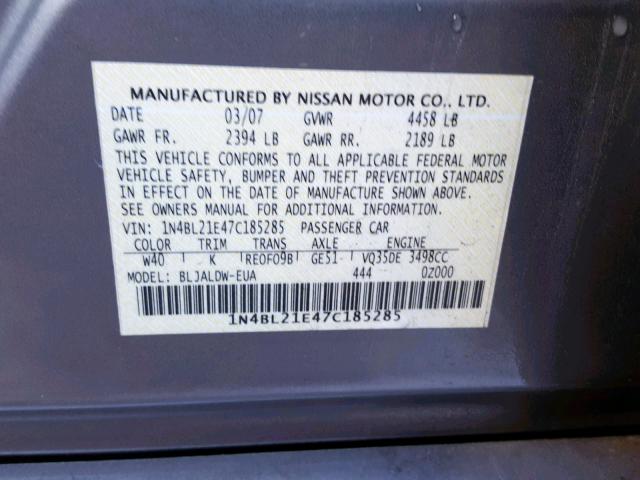 1N4BL21E47C185285 - 2007 NISSAN ALTIMA 3.5 GRAY photo 10