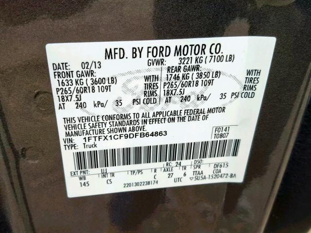 1FTFX1CF9DFB64863 - 2013 FORD F150 SUPER GRAY photo 10