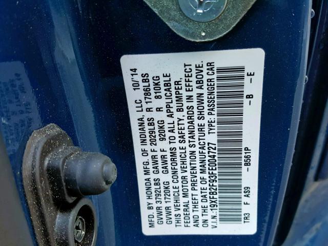 19XFB2F93FE004727 - 2015 HONDA CIVIC EXL BLUE photo 10