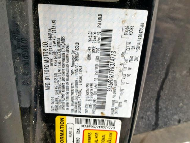 3FA6P0G77ER374773 - 2014 FORD FUSION S BLACK photo 10