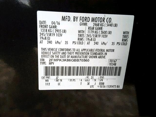 2FMPK3K86GBB70560 - 2016 FORD EDGE TITAN CHARCOAL photo 10