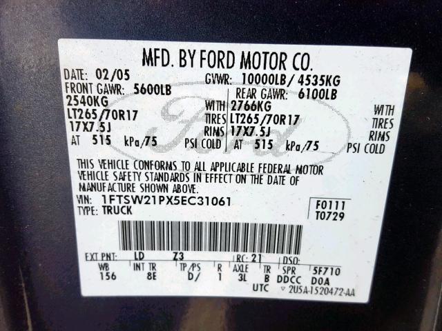 1FTSW21PX5EC31061 - 2005 FORD F250 SUPER BLUE photo 10