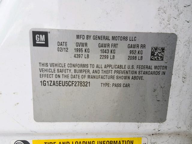 1G1ZA5EU5CF278321 - 2012 CHEVROLET MALIBU LS 白色 照片 10