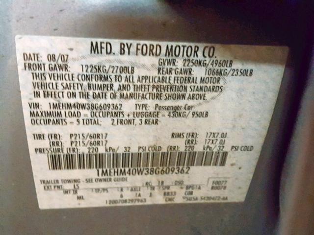 1MEHM40W38G609362 - 2008 MERCURY SABLE LUXU BLUE photo 10