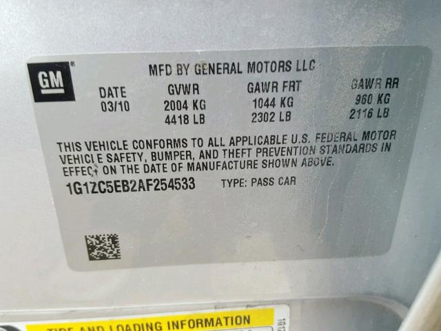 1G1ZC5EB2AF254533 - 2010 CHEVROLET MALIBU 1LT 灰色 照片 10