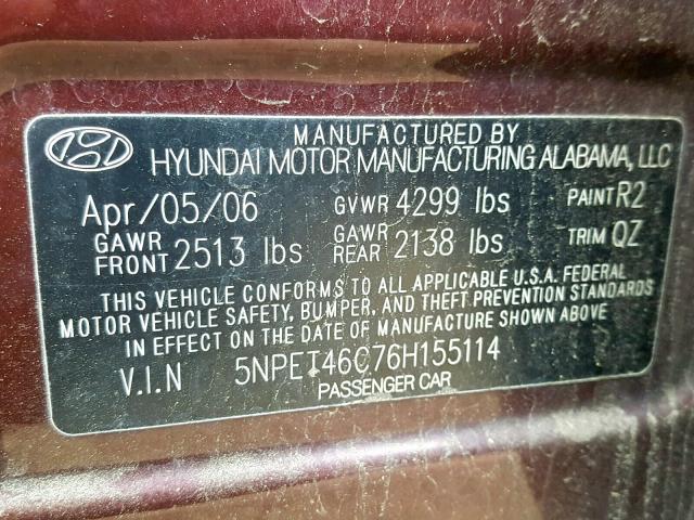 5NPET46C76H155114 - 2006 HYUNDAI SONATA GL BURGUNDY photo 10