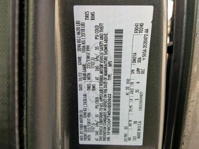 1FMCU0F74DUB50922 - 2013 FORD ESCAPE S GRAY photo 10