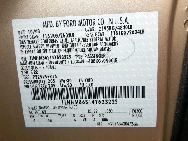1LNHM86S14Y623225 - 2004 LINCOLN LS بيج صورة 10
