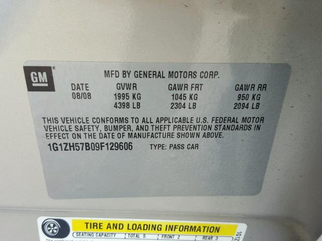 1G1ZH57B09F129606 - 2009 CHEVROLET MALIBU 1LT ბეჟი ფოტო 10