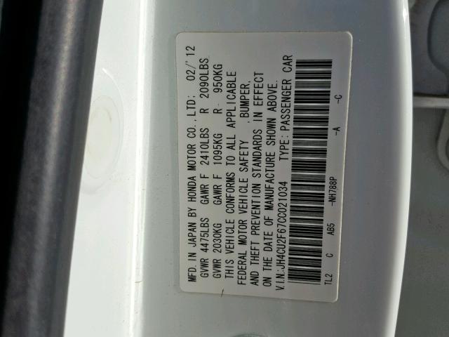 JH4CU2F67CC021034 - 2012 ACURA TSX TECH WHITE photo 10