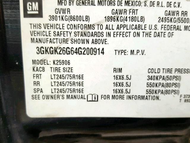 3GKGK26G64G200914 - 2004 GMC YUKON XL K BLACK photo 10