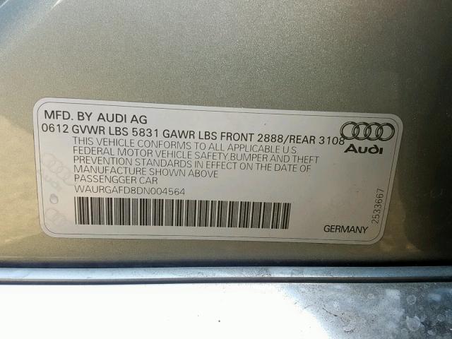 WAURGAFD8DN004564 - 2013 AUDI A8 L QUATT SILVER photo 10