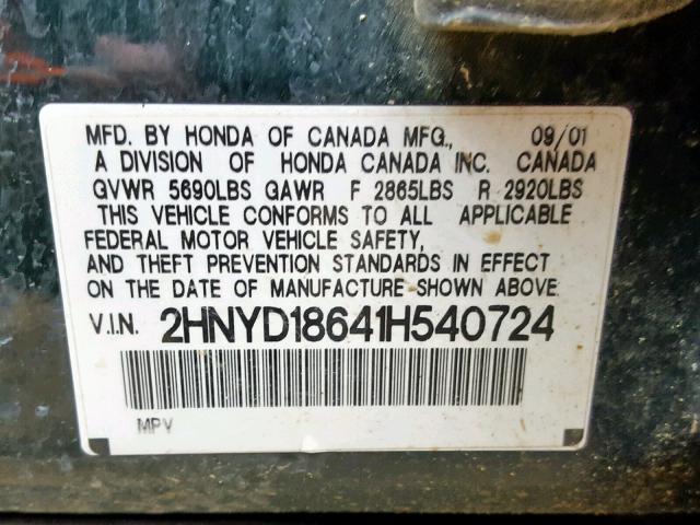 2HNYD18641H540724 - 2001 ACURA MDX TOURIN GREEN photo 10