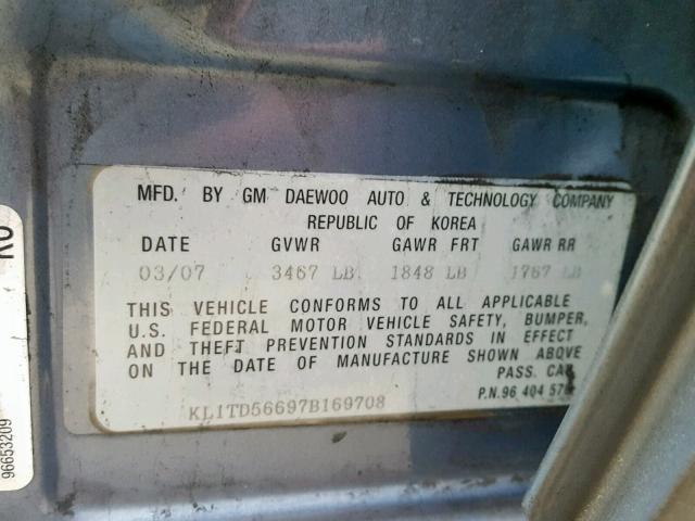 KL1TD56697B169708 - 2007 CHEVROLET AVEO BASE ნაცრისფერი ფოტო 10