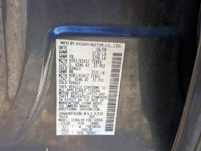 1N6AD07U18C451320 - 2008 NISSAN FRONTIER C CHARCOAL photo 10