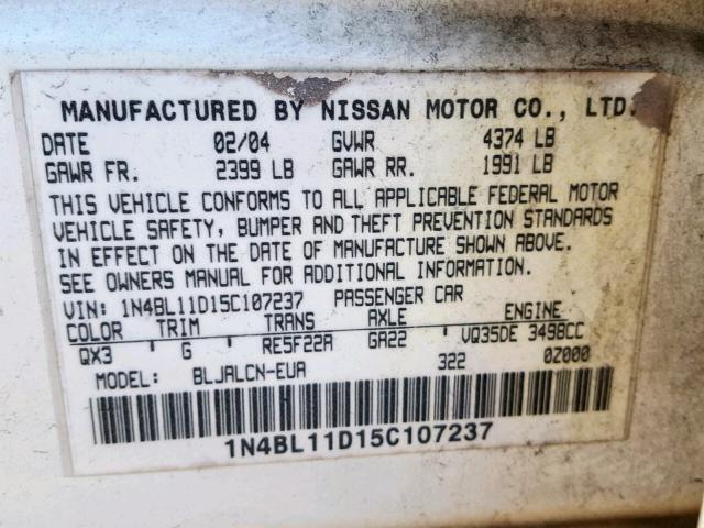 1N4BL11D15C107237 - 2005 NISSAN ALTIMA SE WHITE photo 10