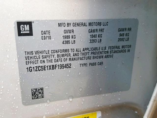 1G1ZC5E1XBF199452 - 2011 CHEVROLET MALIBU 1LT 米色 照片 10