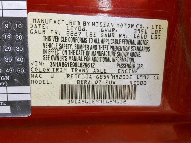 3N1AB61E99L629612 - 2009 NISSAN SENTRA 2.0 RED photo 10