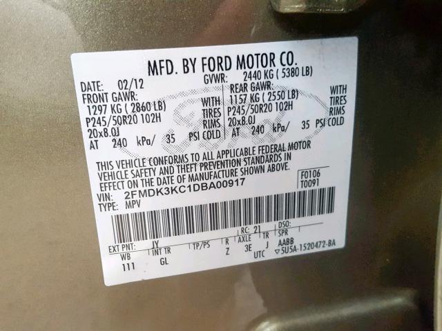 2FMDK3KC1DBA00917 - 2013 FORD EDGE LIMIT GREEN photo 10