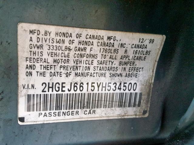 2HGEJ6615YH534500 - 2000 HONDA CIVIC BASE GREEN photo 10