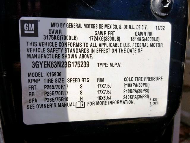 3GYEK63N23G175239 - 2003 CADILLAC ESCALADE E BLACK photo 10