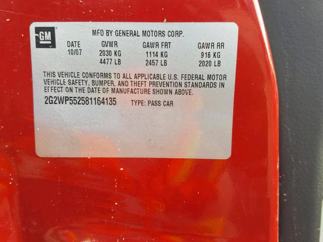 2G2WP552581164135 - 2008 PONTIAC GRAND PRIX RED photo 10