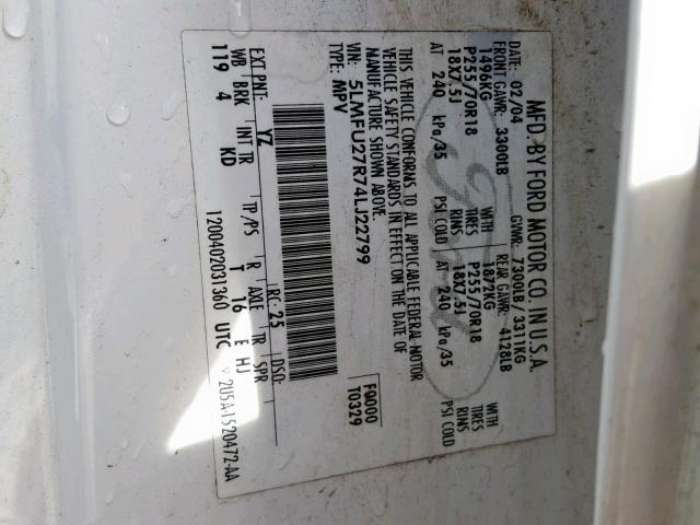 5LMFU27R74LJ22799 - 2004 LINCOLN NAVIGATOR 白色 照片 10