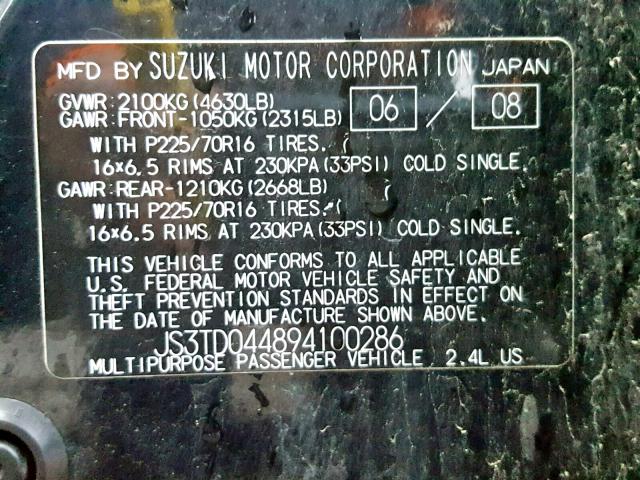 JS3TD044894100286 - 2009 SUZUKI GRAND VITA BLACK photo 10