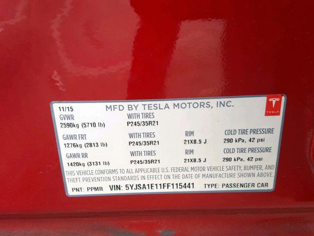 5YJSA1E11FF115441 - 2015 TESLA MODEL S RED photo 10