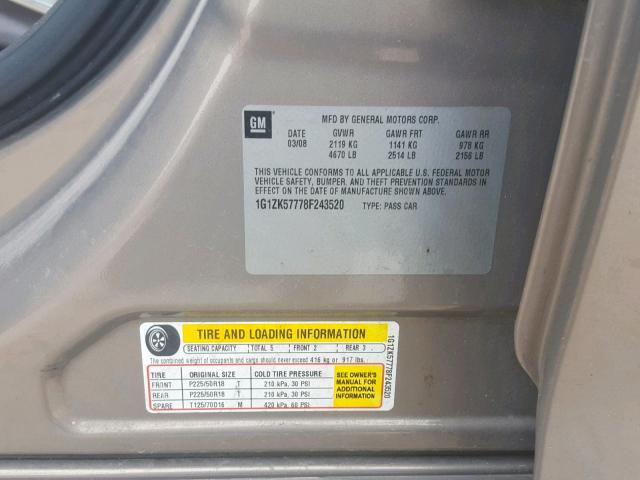 1G1ZK57778F243520 - 2008 CHEVROLET MALIBU LTZ ყავისფერი ფოტო 10